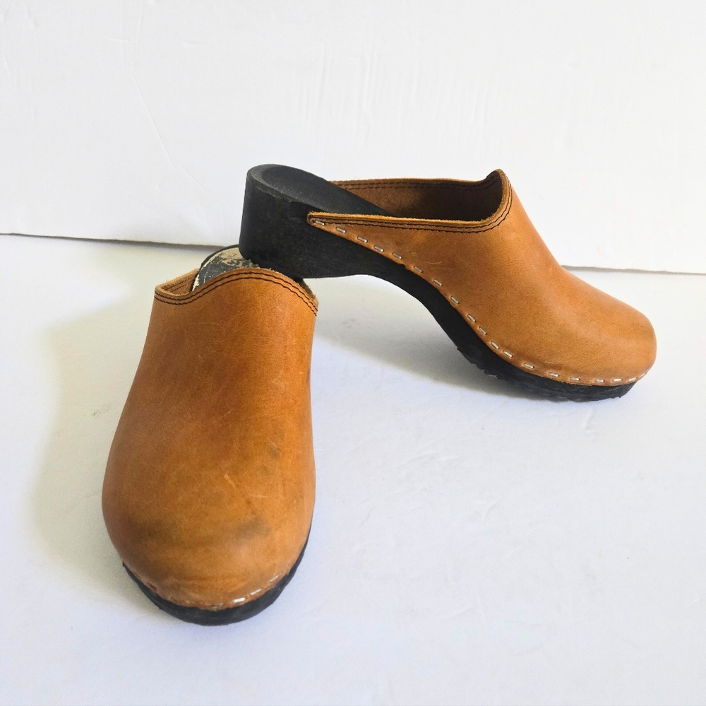 Camel Tan Leather Swedish Clogs Size 36 - Picture 5 of 12